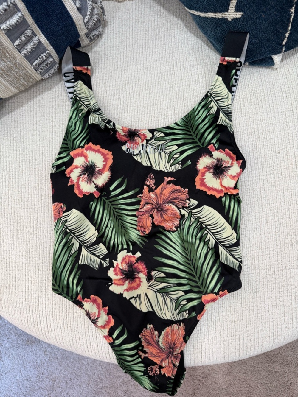 Calvin Klein Black One-Piece with Tropical Green & Coral Accents